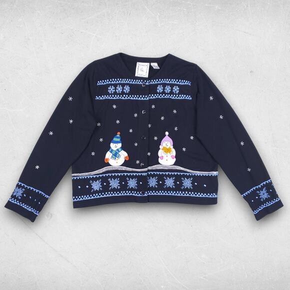 Michael Simon Christmas Cardigan Women XL Black Embroidered Snowmen Applique VTG - Picture 1 of 10
